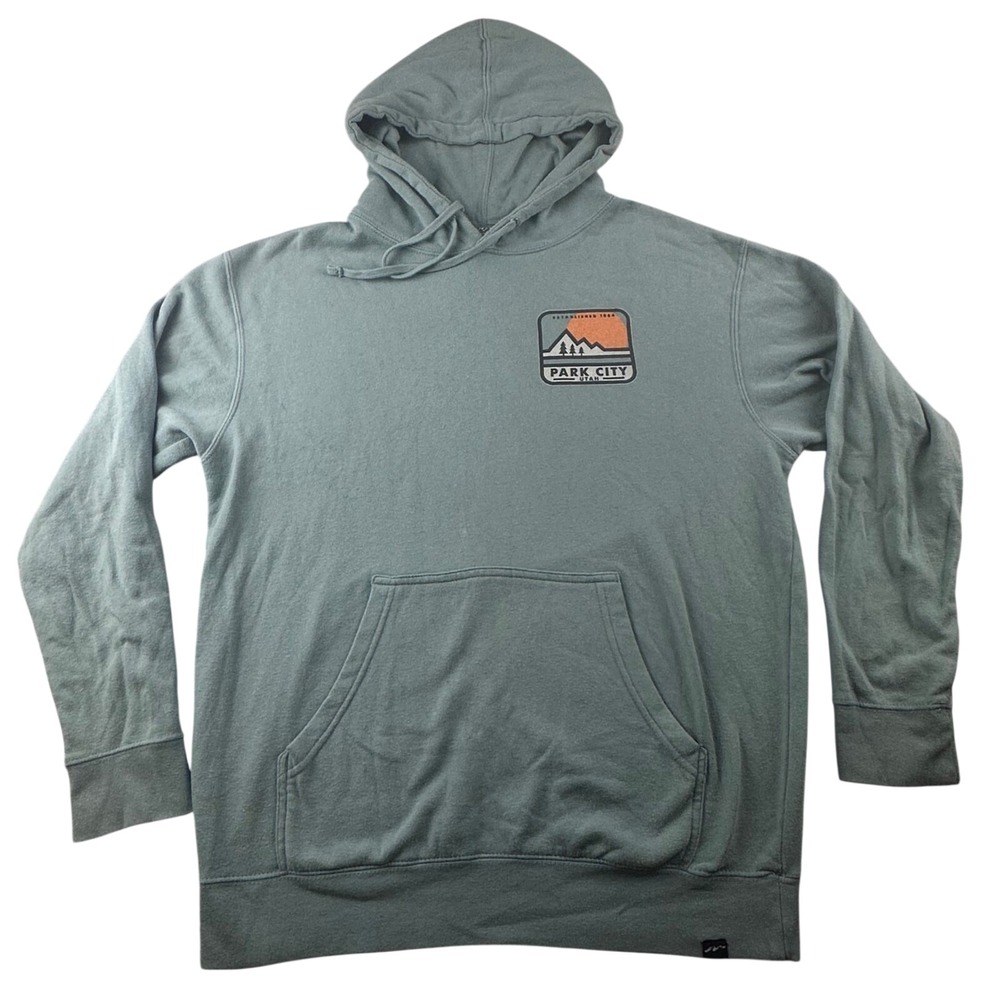 Techstyles Hoodie Men L Green Pullover Park City Utah Mountain Sunset Outdoor